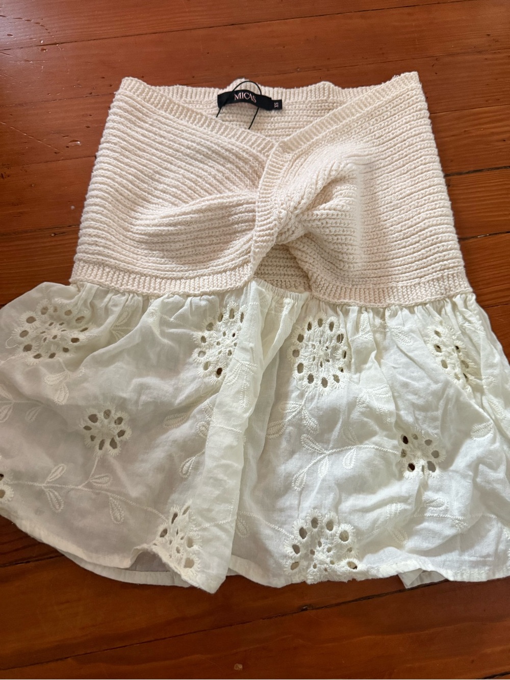 Micas Cream Knit Twist Front Eyelet Top